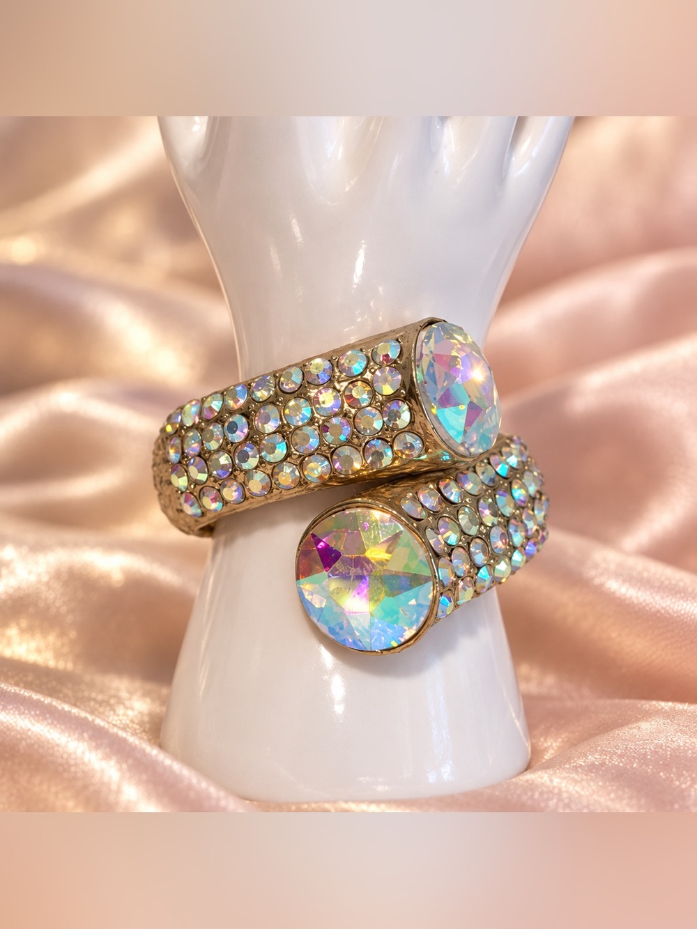 Vintage Aurora Borealis Rhinestone Statement Hinged Cuff Bracelet Gold Tone